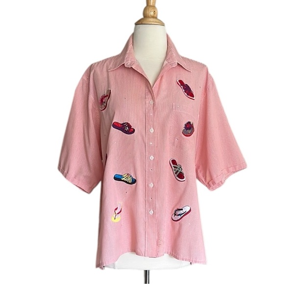 MILI DESIGNS Novelty Embellished Red & White Striped Appliqué Camp Shirt Large - Picture 1 of 16